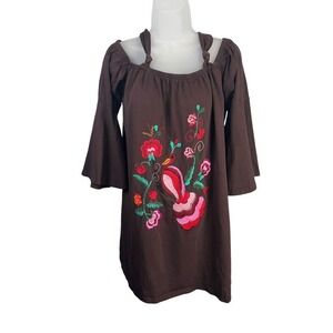 VaVa by Joy Han Brown Embroidered Bird Floral Cold Shoulder Top  - Sz L